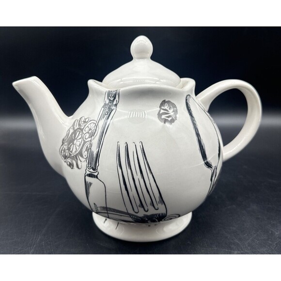 Magenta Exclusives White w/ Black Fork Spoon Knife Graphics Ceramic Teapot 80oz - Picture 1 of 10